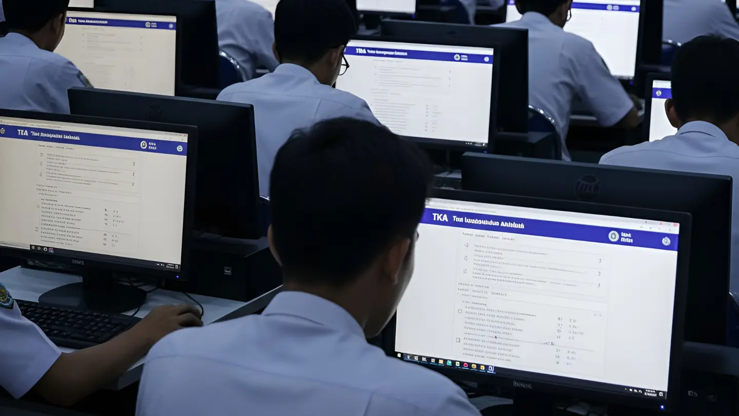 Sejumlah besar siswa SMA sedang mengerjakan Tes Kemampuan Akademik (TKA) secara serentak di sebuah ruang ujian berbasis komputer yang luas. Para siswa terlihat fokus menatap layar monitor di hadapan mereka dalam suasana yang serius dan modern