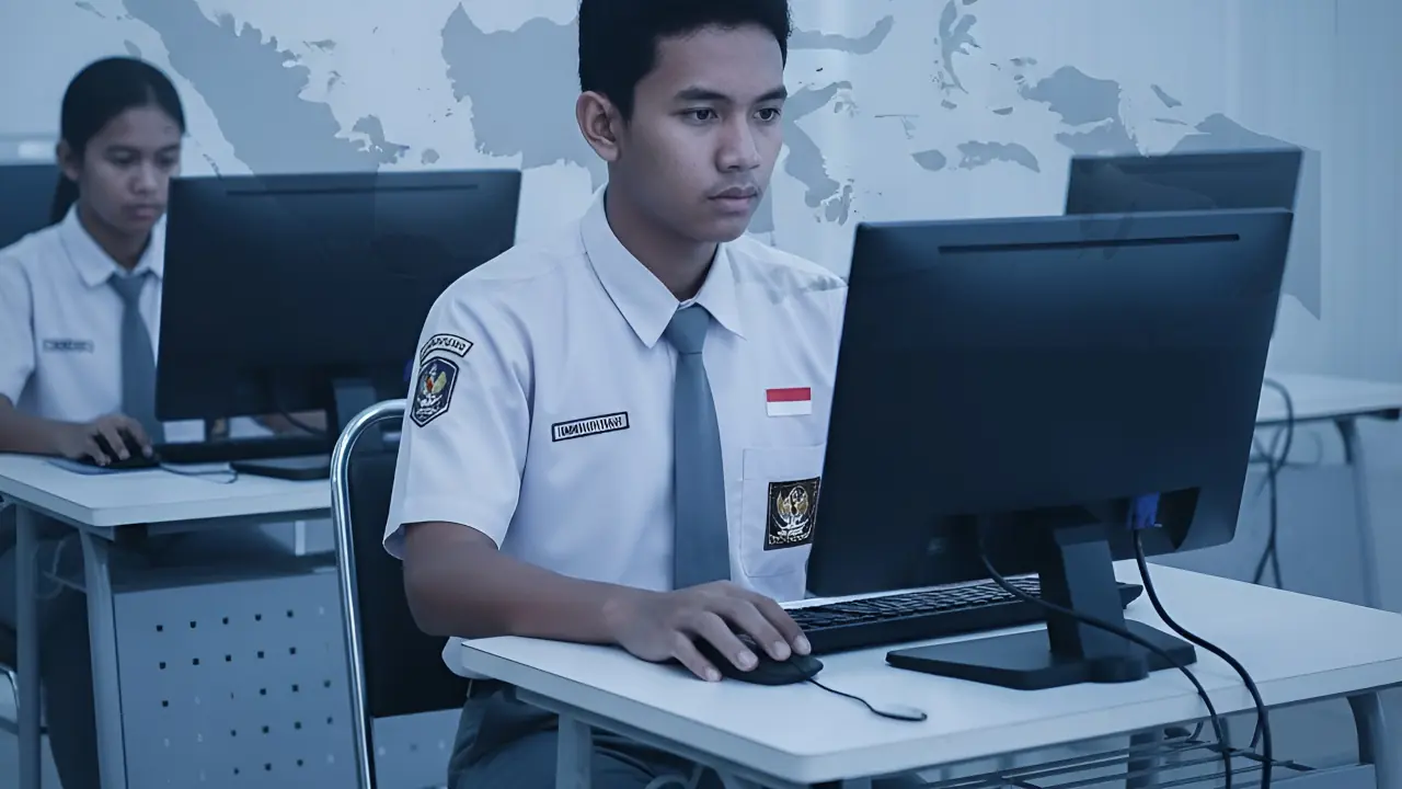 seorang siswa/siswi mengenakan seragam SMA, serius menatap layar komputer Tes Kemampuan Akademik TKA