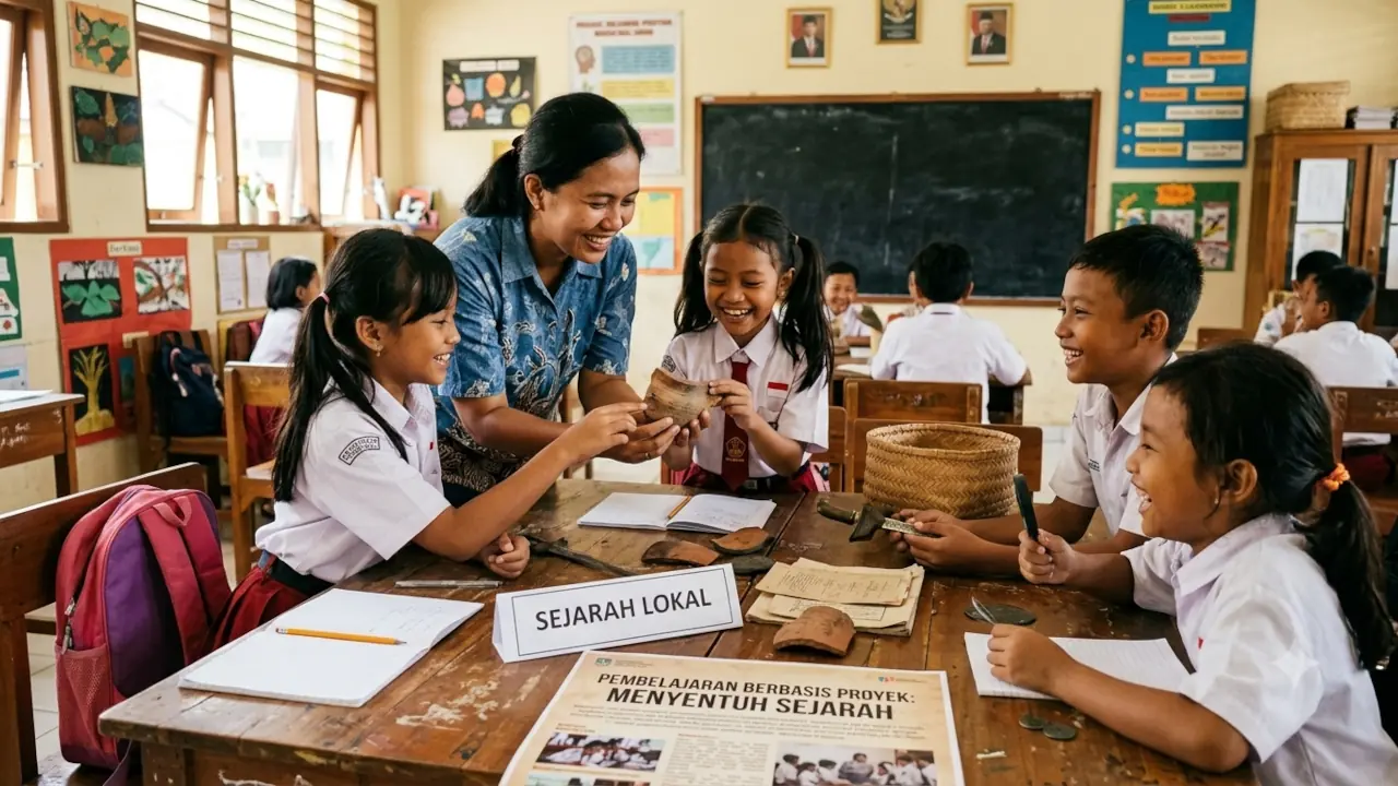 Foto Aktivitas Eksperimen Fisik: "Menyentuh Sejarah di Ruang Kelas: Potret Kehangatan Interaksi Guru dan Murid Meneliti Artefak Lokal dalam Pembelajaran Berbasis Proyek." Menonjolkan aspek emosional, kegegembiraan belajar, dan pendekatan berpusat pada proses tumbuh kembang anak.
